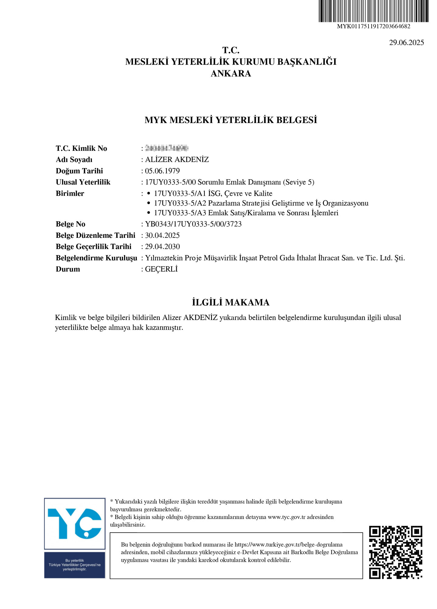 MYK Mesleki Yeterlilik Belgesi